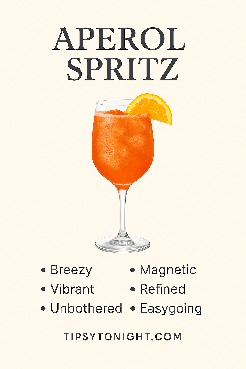 Realistic graphic showing a cocktail personality overlay for Aperol Spritz – TipsyTonight.com