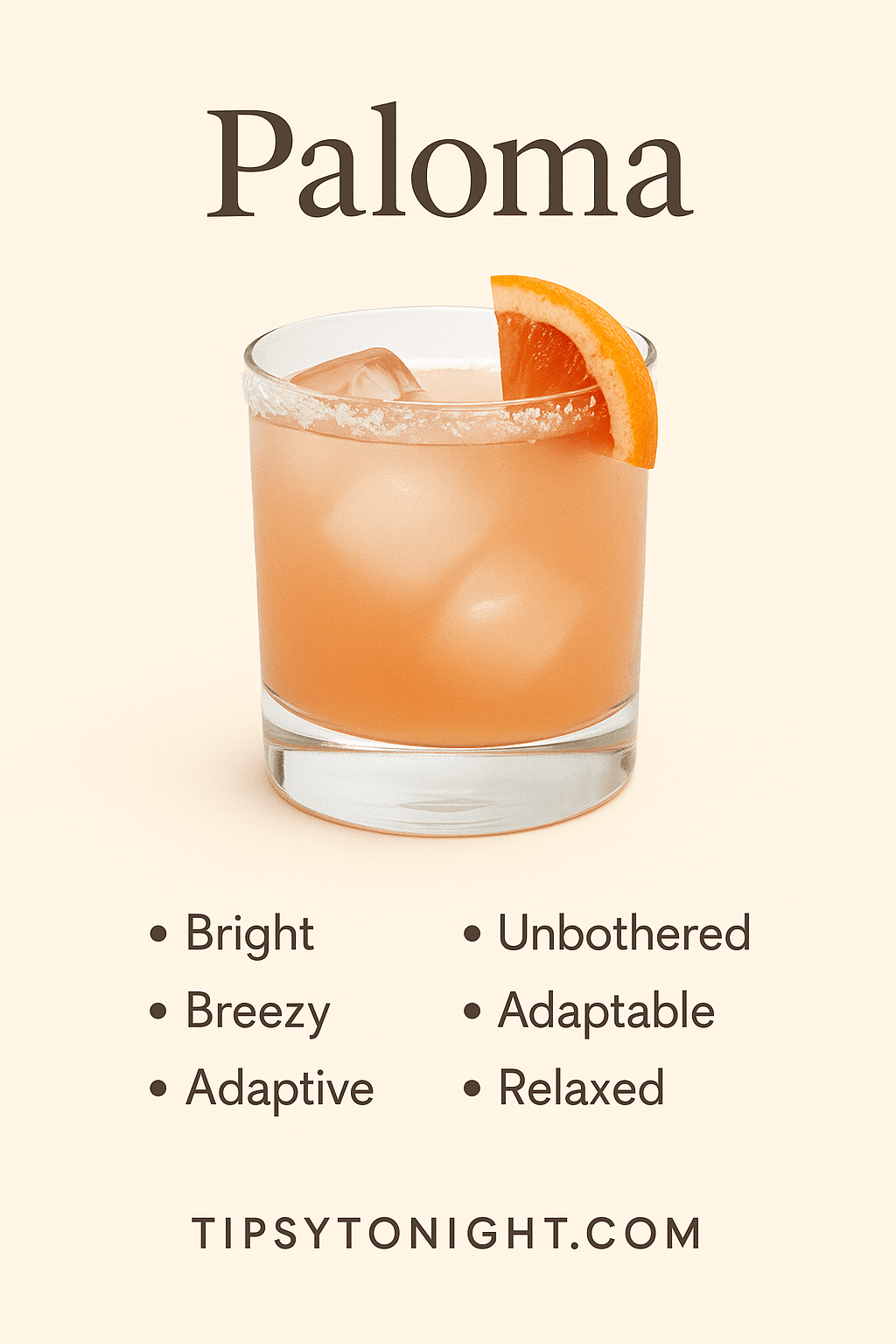 Realistic graphic showing a cocktail personality overlay for Paloma – TipsyTonight.com