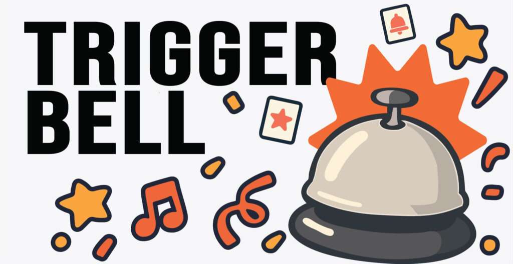 Players ringing a bell during a party drinking game with Trigger Bell cards on the table