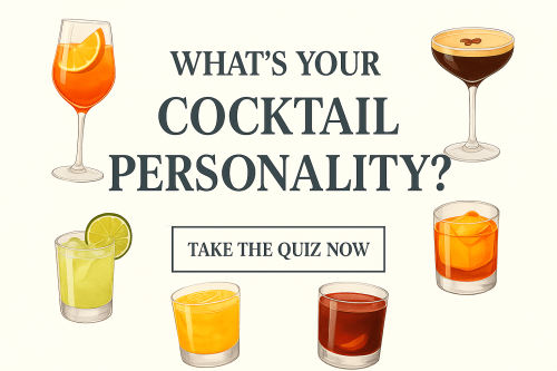 Promotional image featuring a variety of colorful cocktails with a “Take the Quiz Now” button in the center and the website TipsyTonight.com at the bottom - landscape